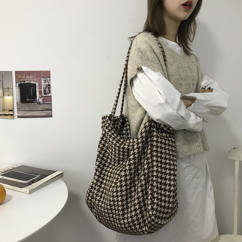 Winter Woolen Cloth Tote Bags Hobo Work Check Pattern Shopper Handbag